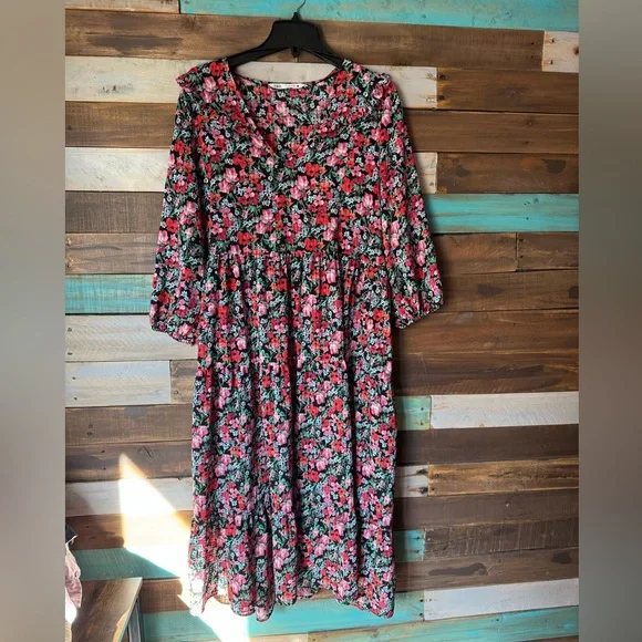 Zara Black and Red Floral Long Sleeve Dress - Picture 1 of 6